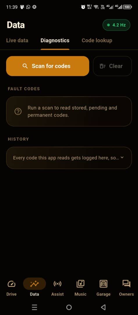Diagnostics tab with a Scan for codes button, fault codes panel and history