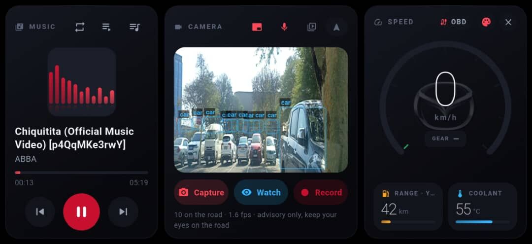 Drive mode in the red theme with the camera panel detecting ten cars on the road