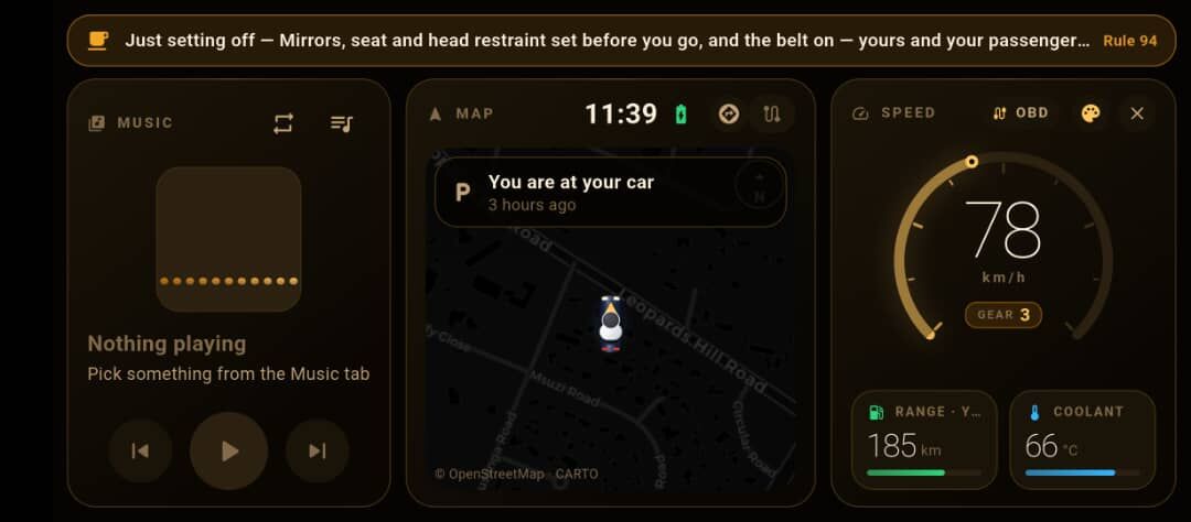 Drive mode with nothing playing: map centred on the car and speed dial reading 78 km/h