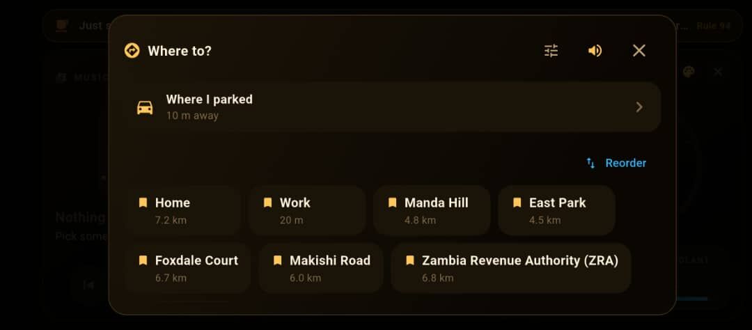 Drive mode: the Where to panel with Where I parked and saved places like Home, Work and Manda Hill